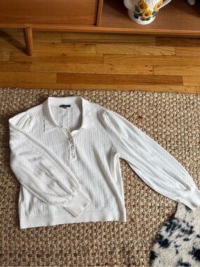 Adrianna Papell White Pointelle Knit Polo Sweater